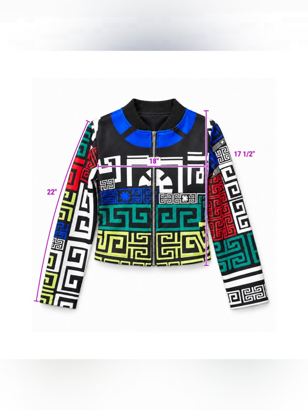 Multicolor Greek Key Geometric Print Cropped Zip-Front Jacket - Picture 5 of 8